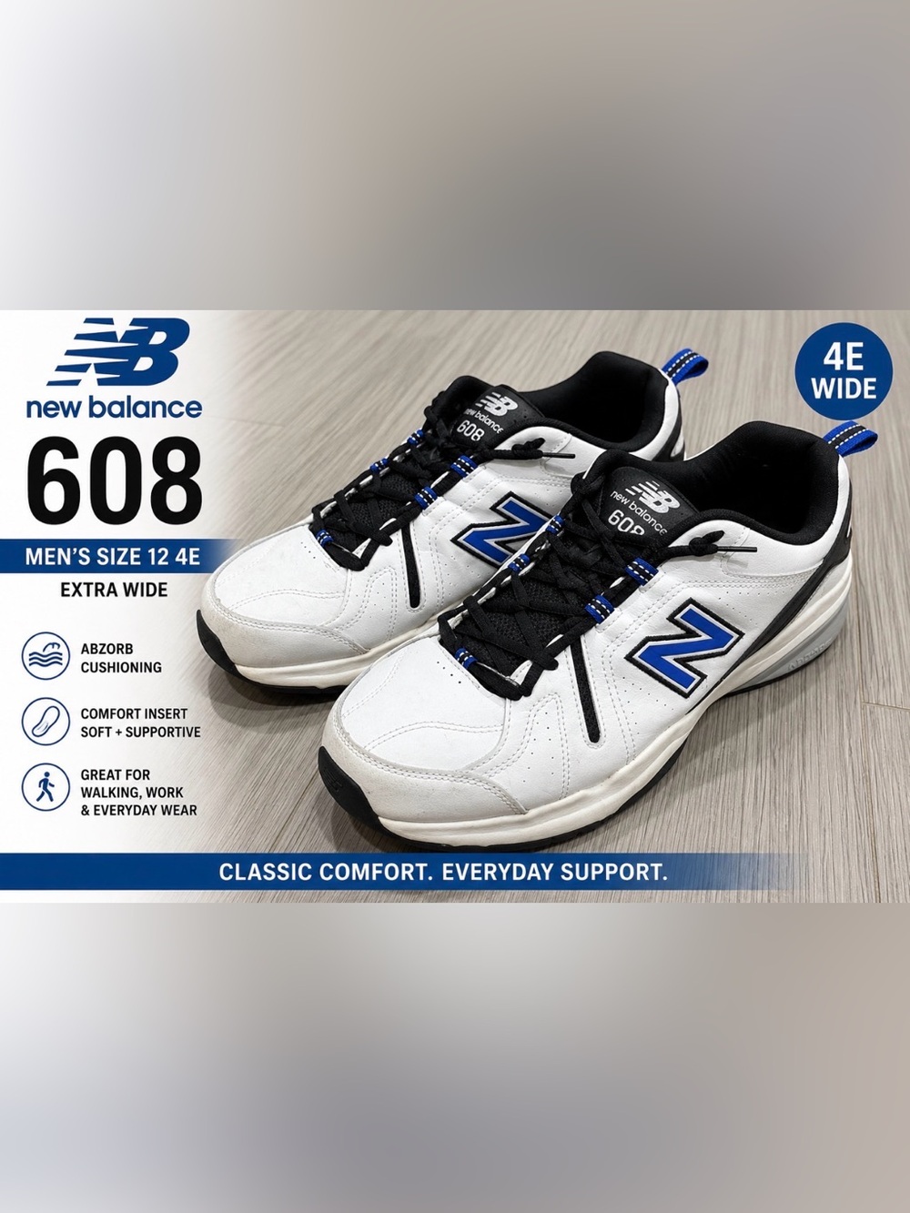 New Balance 608 White Blue Walking Training Sneakers Men’s Size 12 4E Wide